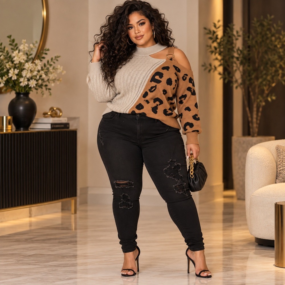 51. 2x Set: One Shoulder Animal Print Sweater & Black Distressed Jeans- jeggings